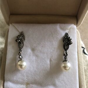 Sterling and Marcasite Pearl Earrings